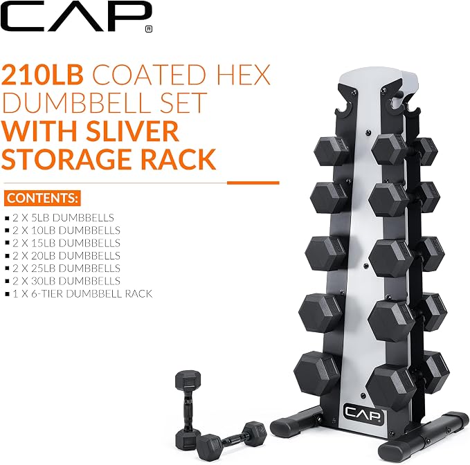 CAP Rubber Coated Hex Dumbbell Set with Storage Rack | 100–210 lb Options, Space-Saving Vertical Compact Storage for Home Gym Strength Training