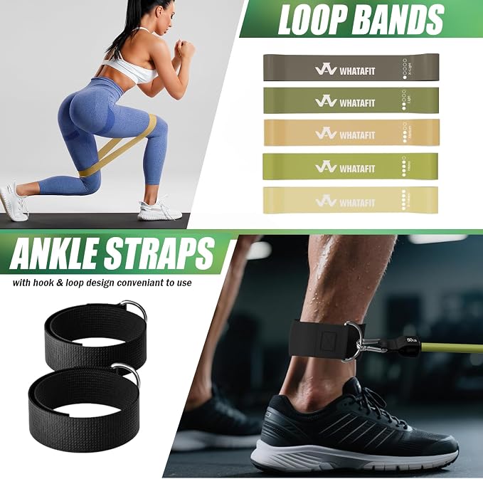 WHATAFIT Resistance Bands with Handles, 5-Level Exercise Bands for Workout | Natural latex,10-50 lbs, stackable to 150,Ankle Straps, Door Anchor,Guide. For Strength, Yoga,Home Gym,Travel & Workout.