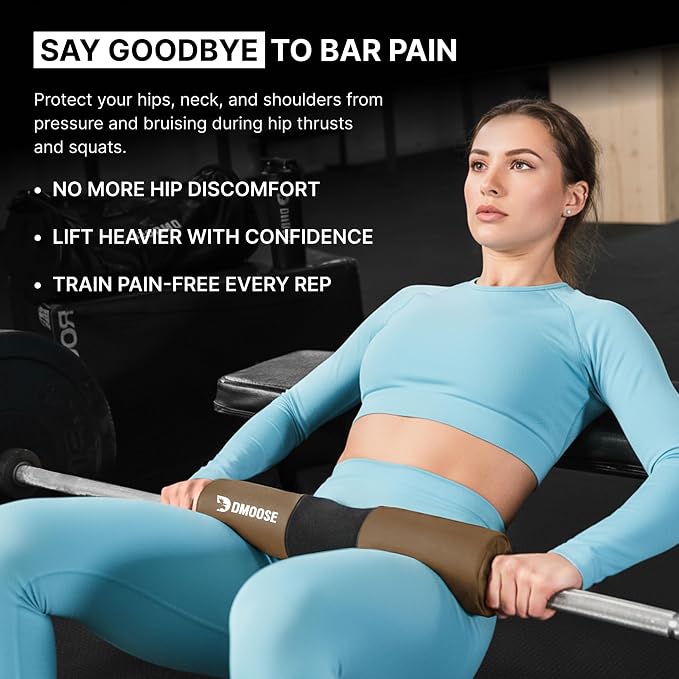 DMoose Fitness Barbell Pad for Hip Thrust, Squat & Lunges - Non-Slip Thick Foam Cushion for Neck and Back Support with Two Straps - Hip Thrust Pad for Leg Day - Fits All Olympic Bars and Smith Machine