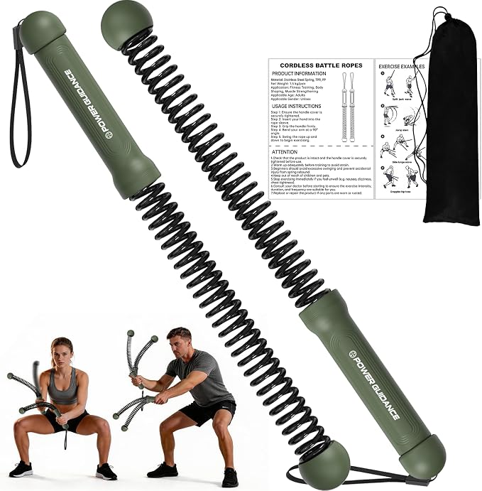 POWER GUIDANCE 2PCS Weighted Ropeless Battle Ropes, Portable Cordless Battle Rope with Non-Slip Handles, Workout Exercise Rope for HIIT, Cardio & Strength，Olive Green