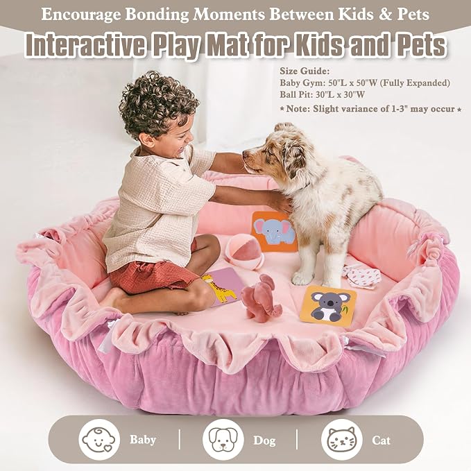 5-in-1 Plush Baby Play Gym, Activity Mat with Convertible Gym, Baby Gym 6 Sensory Toys, Play Center for Newborn to Toddler, Light Pink