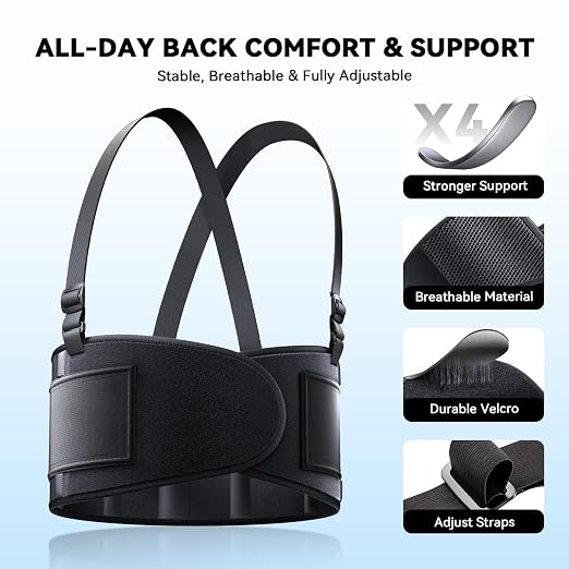 Plus Size Work Back Brace for Men & Women, Adjustable Lower Back Support Belt for Sciatica, Herniated Disc, Pain Relief, Moving Warehouse Heavy Lifting Safety & Protection (Black, XXXX-Large)