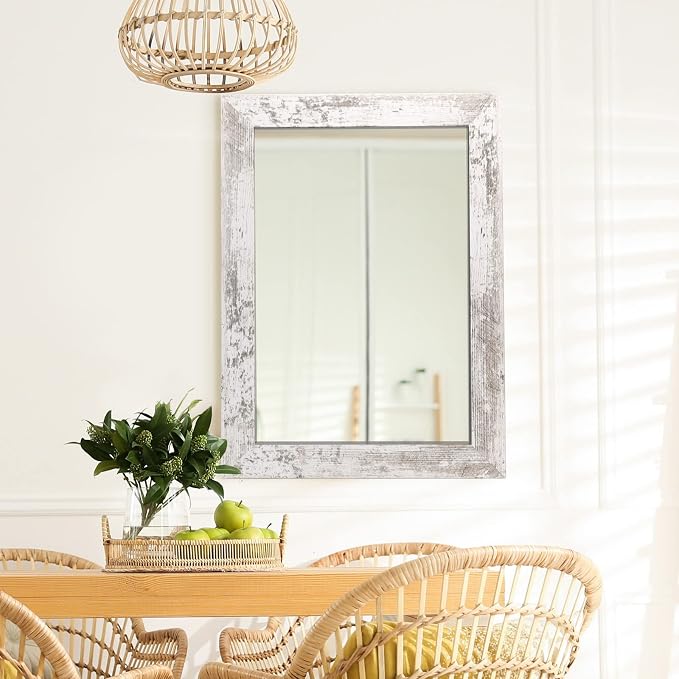 Syndra Rectangular Mirror with Frame Rustic 20x28‘’ Wall Mounted Rustic Vanity Mirror with Large Wood Frame Farmhouse Bathroom Mirror, for Bedroom, Living Room, Entryway Wall Decor(White)