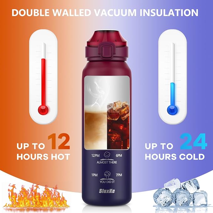 SLUXKE Insulated Water Bottle 24oz, Double Wall Vacuum 18/10 Stainless Steel Bottle with 2Lids, Leak Proof & BPA-Free, 700ml Hydro Water Flask with Handle & Straw Spout Lids RED BLACK