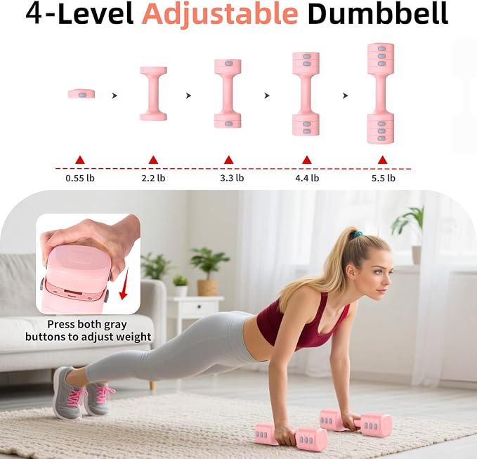 2-in-1 Adjustable Dumbbell Set, 4-Level Weights for Women | Convertible Dumbbell & Kettlebell, Adjustable 2.2-5.5lb Each, Quick-Change Button, Compact for Home Gym, Office & Outdoor