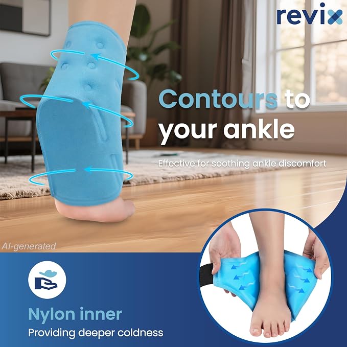 REVIX Ankle Ice Pack Wrap, Reusable Gel Cold Compression, 2 Packs | Foot Ice Wrap for Plantar Fasciitis, Achilles Tendonitis, Sprained Ankle and Swelling, Hands-Free for Daily Recovery