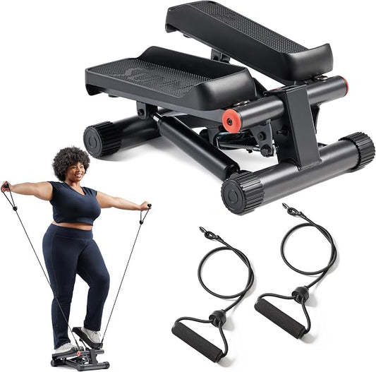 Sunny Health & Fitness Mini Stair Stepper w/Resistance Bands for Home Gym | Full Body Cardio, Adjustable Step Height, Hydraulic Resistance, LCD Meter, No Assembly, 300 lb Capacity, SunnyFit App