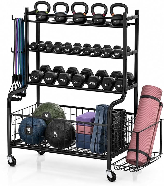 4-Tier Home Gym Storage Rack with Wheels and Hooks, Dumbbell Stand | 340 lbs 4-Tier Dumbbell Rack, Kettlebell Stand and Sports Equipment Organizer for Home Gym, Garage, Apartment