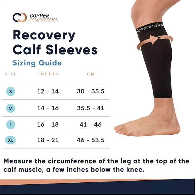 Copper Compression Calf Sleeves for Shin Splints, Varicose Veins, Arthritis, Sprains, Running, Cycling - Men & Women - 1 Pair