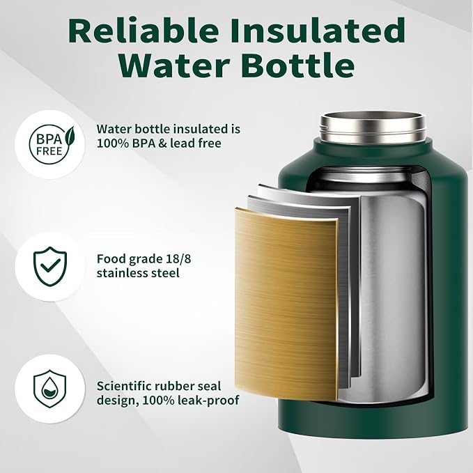 WATERSY Half Gallon Water Bottle Insulated(Cold for 48 Hrs),BPA Free&Leak Proof,64oz Stainless Steel Water Jug/Flask,Big thermo,Large Water Bottle with Handle for Gym,Hiking,Camping,Dark Green