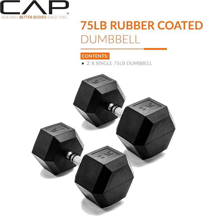 CAP Rubber Coated Dumbbell Weights, Free Weights for Home Gym Strength Training, Anti-Roll Hex Dumbbells with Black, Chrome & Comfort Grip Handles, Pairs & Sets