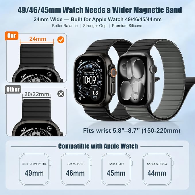 Magnetic Sport Silicone for Apple Watch Ultra 3 2 Band 49mm 46 45 44mm Men | Upgraded Magnet,Two-Tone Design,Waterproof,Soft Loop Strap for iWatch Ultra 3/2 Series 11 10 9 8 7 6 5 4 SE 46mm 45mm 44 49