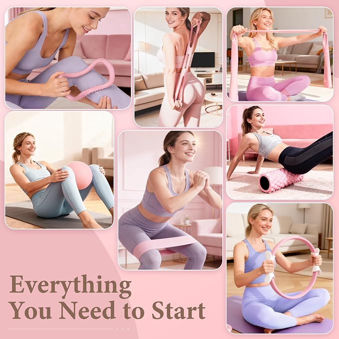 Pilates Ring Kit with Magic Circle & Foam Roller | Ergonomic Home Workout Equipment Set, Full Essentials for Women Beginners ,Includes Exercise Guide & Storage Bag