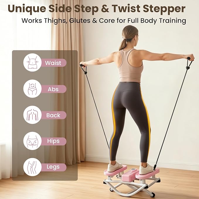 Rock Stepper for Home Exercise, Side-to-Side Mini Stepper with Bands, Low-Impact Cardio for Glutes Legs Core, Quiet LCD Fitness Machine