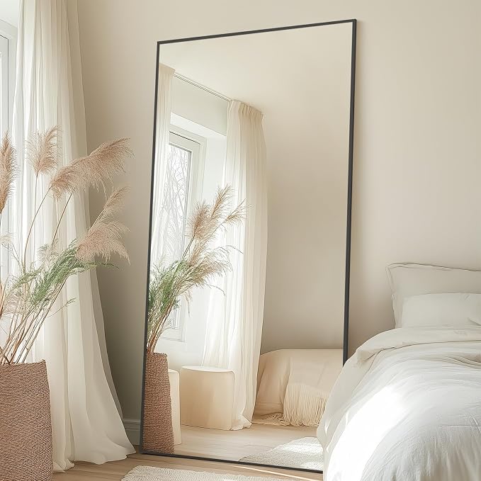 71"x32" Floor Mirror Full Length with Stand, Black, Rectangular | Free Standing or Leaning Against Wall, Wall‑Mountable, for Gym Bedroom Living Room, Aluminum Alloy Frame, Tempered Glass