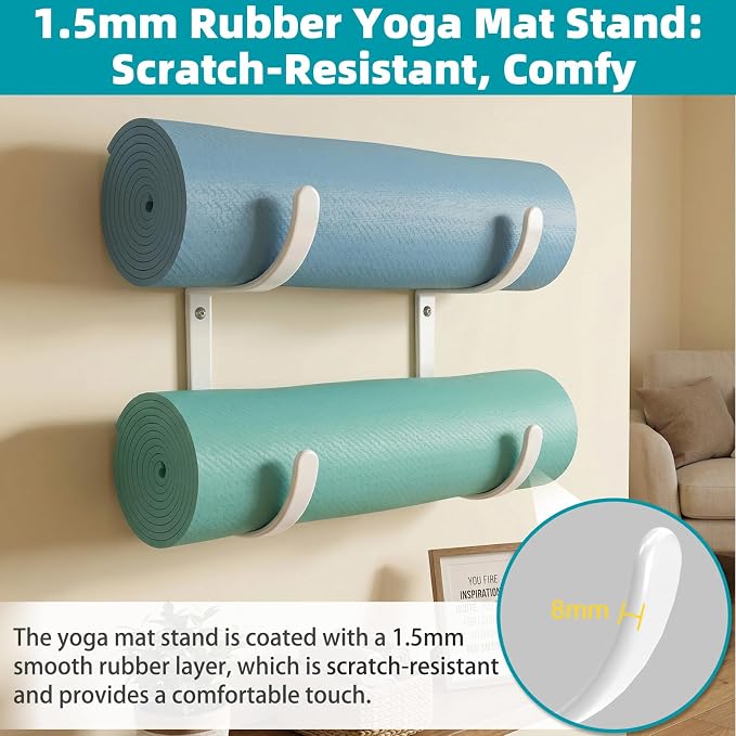 Yoga Mat Holder Wall Mount，No-Tie Mat Storage Rack With Rubber Coating | for Exercise Mat，Pilates Mat，Hanging Foam Roller and Home Gym Equipment Accessories
