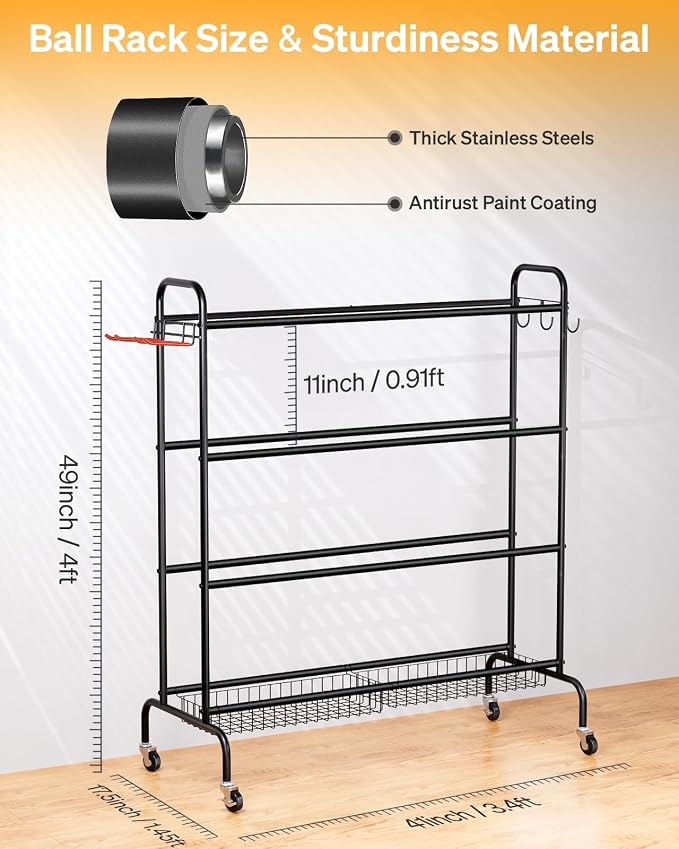 EXTCCT Basketball Rack, Rolling Basketball Shooting Training Stand,Sports Equipment Storage with Wheels, Four-Layer Organizer Holder with Two Basket for Basketballs Footballs Volleyball