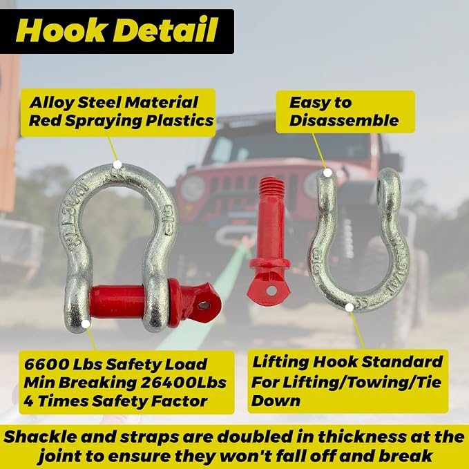 HENBOW Lifting Straps for Hoist,8' × 3" Heavy Duty Flat Lift Sling Straps with D Ring Shackle 6600 lbs Safety Load，Web Sling Car Tree Saver Winch Recovery