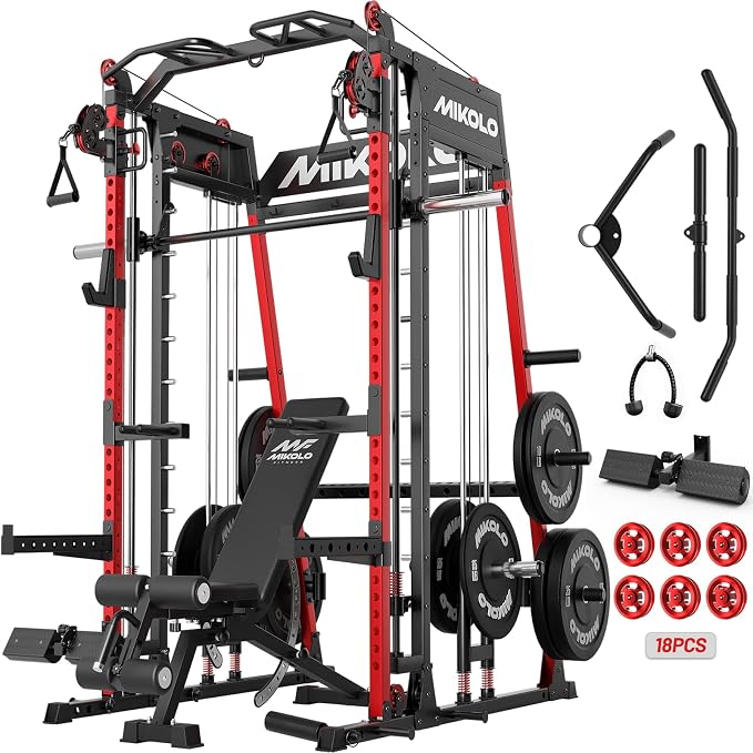 Mikolo M4 2.0 Smith Machine, 2200lbs Squat Rack with LAT-Pull Down System & Cable Crossover Machine, Training Equipment with Leg Hold-Down Attachment