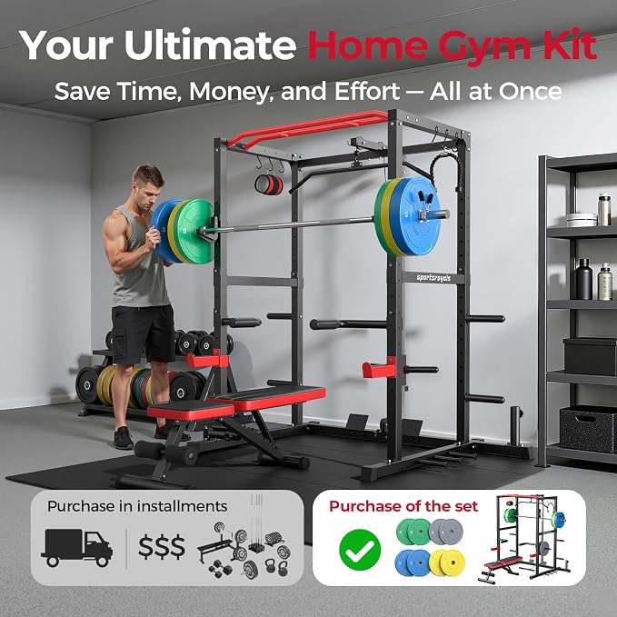 SPORTSROYALS Power Rack, Multi-Functional Power Cage, Squat Rack with Pulley System & LAT Pull Down, Workout Cage with J Hooks for Home Gym