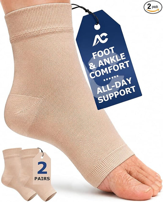 Ankle Brace Compression Sleeve Socks 2 Pack for Women&Men Foot Arch Support | 8-15 mmHg Support for Plantar Fasciitis Relief, Heel Pain, Arch & Ankle Support, Foot Brace, Open Toe Design（Beige L/XL）