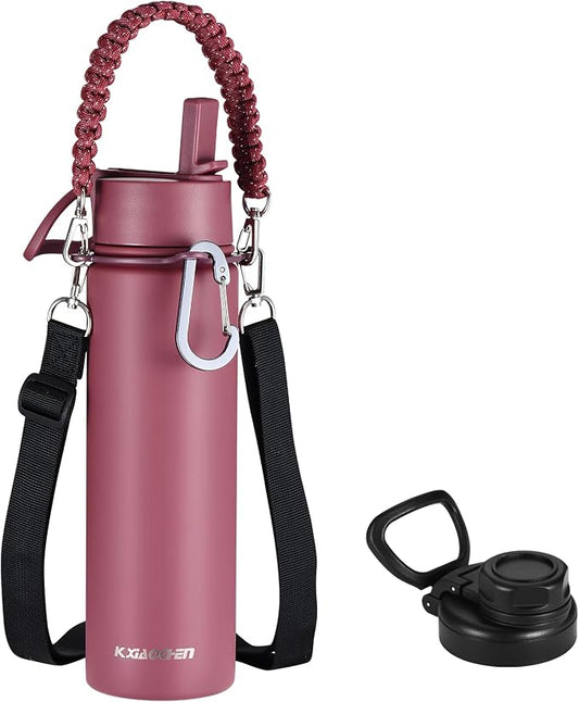 KXIAOCHEN Insulated Water Bottle with Strap, 48-Hour Cold, 2 Lids | Triple-wall insulation, lead-free 18/8 Stainless steel, paracord handle, carabiner clip, for gym, hiking, camping and travel
