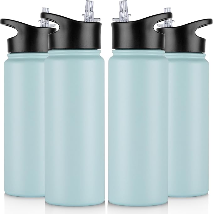 24 oz Insulated Water Bottle Bulk 4 Pack, Stainless Steel Sports Water Bottles with Straw Lid & Wide Mouth Lids, Double Walled Vacuum, Leak Proof, Turquoise Blue