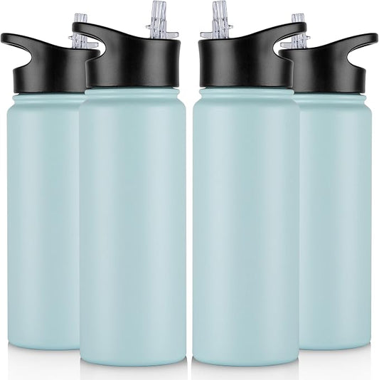24 oz Insulated Water Bottle Bulk 4 Pack, Stainless Steel Sports Water Bottles with Straw Lid & Wide Mouth Lids, Double Walled Vacuum, Leak Proof, Turquoise Blue