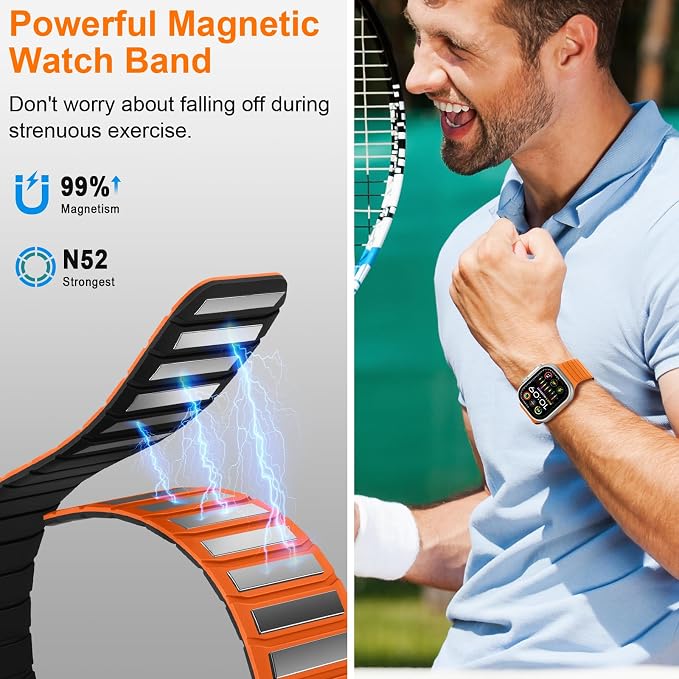 Tasikar Magnetic Bands Compatible with Apple Watch 49mm 46mm 45mm 44mm 42mm Soft Silicone Replacement Loop Wristband for iWatch Ultra 3 2 1 SE Series 11 10 9 8 7 6 5 4 3, Orange-Black