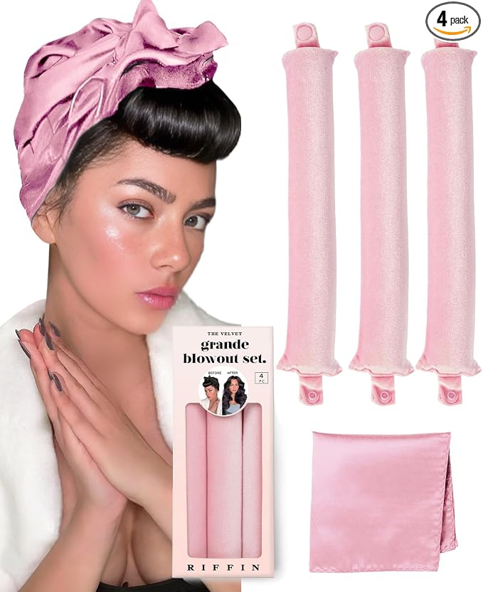 Grande Heatless Curls Overnight Rods - Upgraded Directional Grip Velvet - No Heat Hair Curlers to Sleep, Jumbo Large Hair Rollers Flexible Curling Rods Set for Long Thicker Coarser Hair Blowout Look