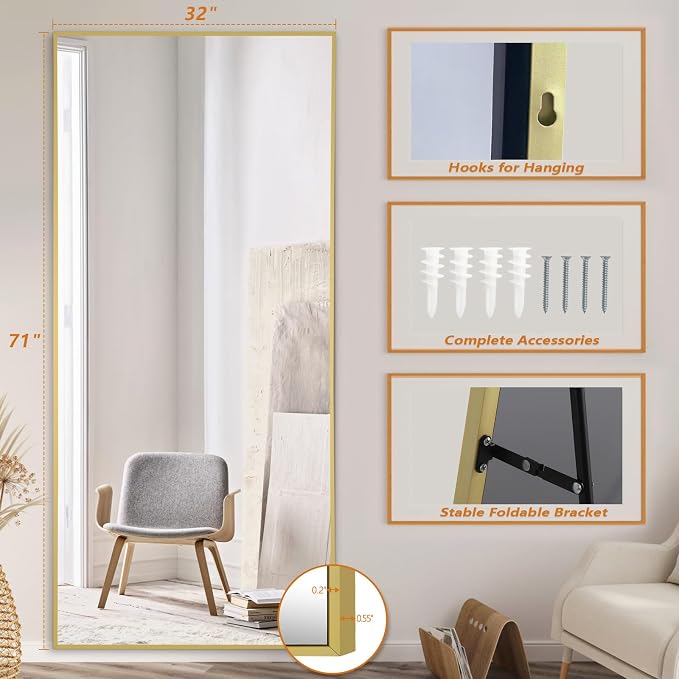 Full Length Mirror with Stand, 71"x32" Large Standing Mirror, Gold | Full Body, for Bedroom Living Room Gym, Shatterproof Tempered Glass, Leaning Wall, Hanging, Rectangular