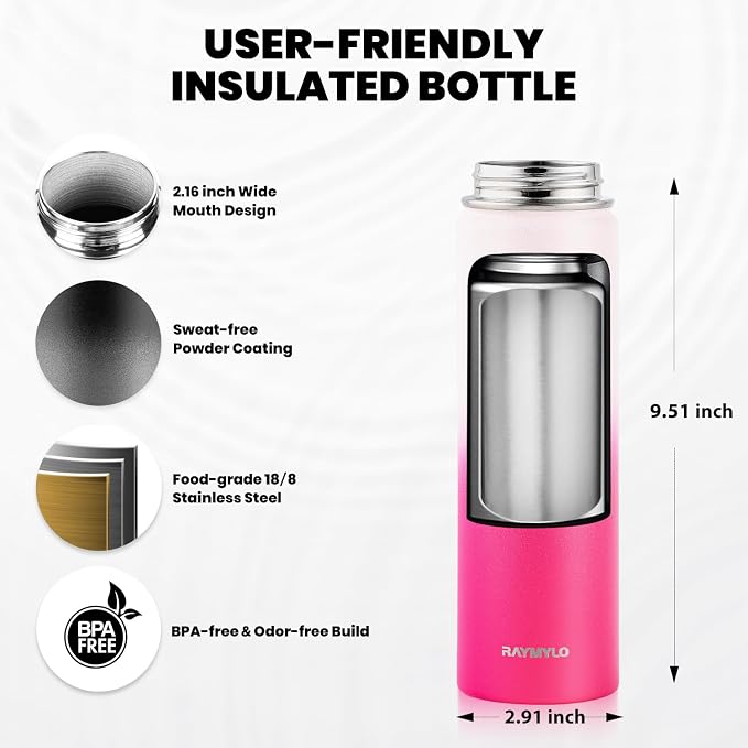 RAYMYLO Insulated Water Bottle 20 oz, Triple Wall Vacuum Stainless Steel | (Cold for 24Hrs, Hot for 12Hrs), Leak Proof & Non-BPA, Modern Water Bottle Jug for School with Straw Spout Lids
