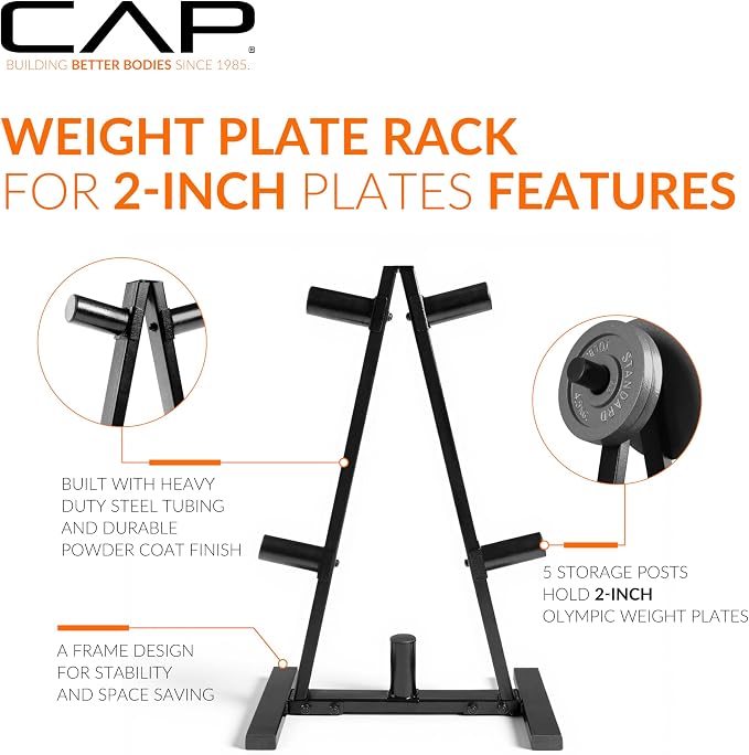 CAP 2-Inch Olympic Plate Tree Rack for Home Gym, Heavy-Duty A-Frame Weight Plate Storage Rack, Space-Saving Plate Organizer Stand, 5-Post & 7-Post, 300lb & 500lb Weight Capacity