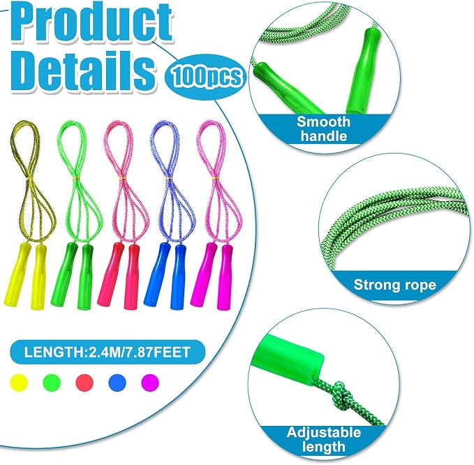 Honoson 100 Pcs Rainbow Jump Rope Bulk Gift for Kids 7.8ft Nylon Stripe Ropes with Handle Adjustable Colorful Party Favor Operation Christmas Item Gift Boxes Outdoor Exercise Fitness (Multicolor)