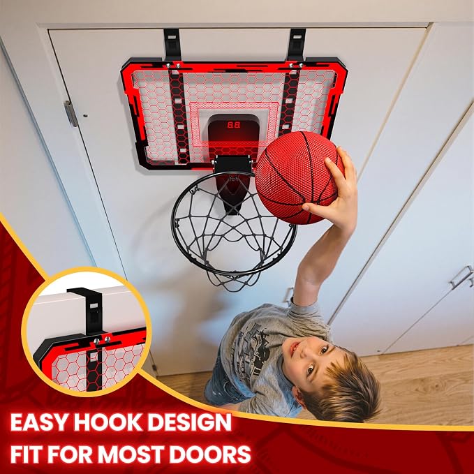 QDRAGON Mini Basketball Hoop with Scoreboard & 7 LED Lighting | Over The Door Indoor, with 3 Balls/Inflator/Breakaway Rim, Basketball Toy Gifts for Kids Adults, Suit for Bedroom/Office