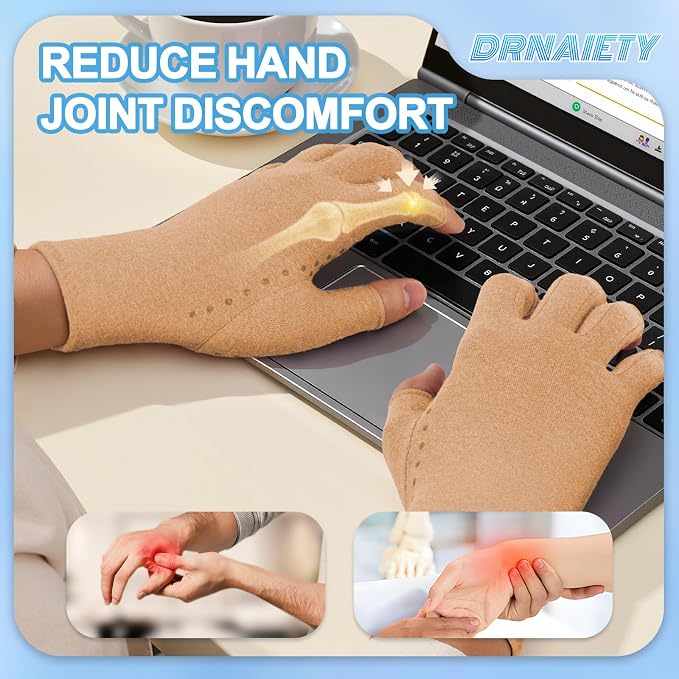 DRNAIETY 2-Pair Arthritis Compression Gloves- for Hand Arthritis, Carpal Tunnel Pain, Rheumatoid Arthritis, RSI, Fingerless, Anti-Slip, Breathable Gloves for Men & Women, Typing, Daily Use(L Brown)