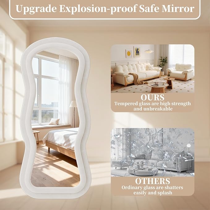 Mirror Full Length Flannel, 63"x24" Full Body Mirror with Stand | Flannel Floor Mirrors, Standing Mirror for Bedroom, Living Room, Dressing Room, Hanging Leaning Wall Mirror, Beige