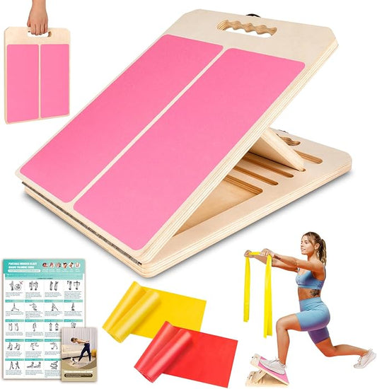 Wooden Slant Board for Calf Stretching, Portable Adjustable Calf Stretch Board with Training Poster & Resistance Bands, 300lb Weight Capacity Calf Ankle Achilles Physical Therapy Leg Exercisers