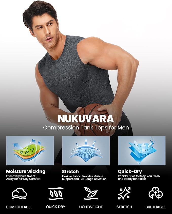 Men's Compression Shirt Sleeveless Athletic Workout Tank Tops Quick Dry Muscle Undershirts for Gym Running