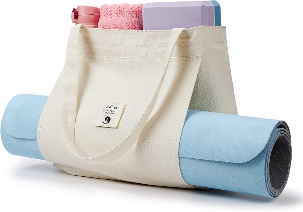 WLLWOO Yoga Mat Carrier Bag for Women Canvas Carryall Tote Gym Pilates | Large Holder Zipper Shoulder for Beach Travel Workout Fitness Office