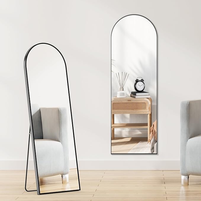 OLIXIS 59"x16.6" Arched Full Length Mirror, Full Body Mirror with Stand | Aluminum Alloy Thin Frame, Free Standing Mirrors for Bedroom, Hanging or Leaning Floor, Living Room Bedroom, Black