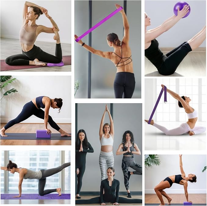 Foldable Yoga Mat and Blocks Set for Women with 2 Pack Yoga Blocks and Strap,Thin Non Slip Pilates Mat with Bag, Home Workout Equipment Essentials Starter Kit for Beginners Full Body Toning