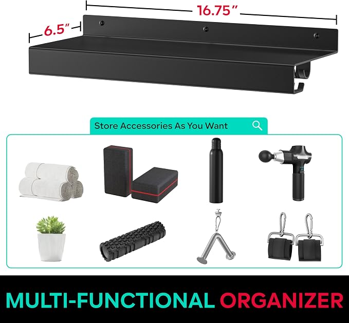Metal Shelf Compatible with Tonal Accessories, Home Gym Storage | Floating Shelf Organizer for Home Gym, T-Lock Adapters Bracket Hanger, Gym Rack Wall Mounted with Hooks, Black Workout Holder