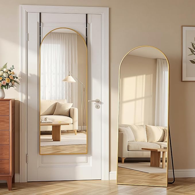 58"x20" Over The Door Mirror, Arched Full Length Mirror with Aluminum Frame, Adjustable Hooks, Wall Mounted or Standing for Bedroom Living Room, Gold
