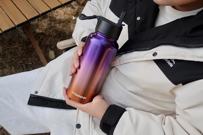 KXIAOCHEN Insulated Water Bottle with Strap, 48-Hour Cold, 2 Lids | Triple-wall insulation, lead-free 18/8 Stainless steel, paracord handle, carabiner clip, for gym, hiking, camping and travel