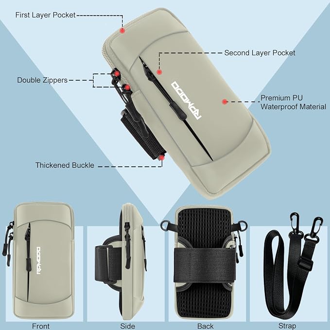 Phone Holder for Running, Armband with Crossbody Strap 7.5" Khaki | Water Resistant & Lightweight Running Armband Phone Holder, Adjustable Elastic Band, Small Shoulder Bag for iPhone Samsung
