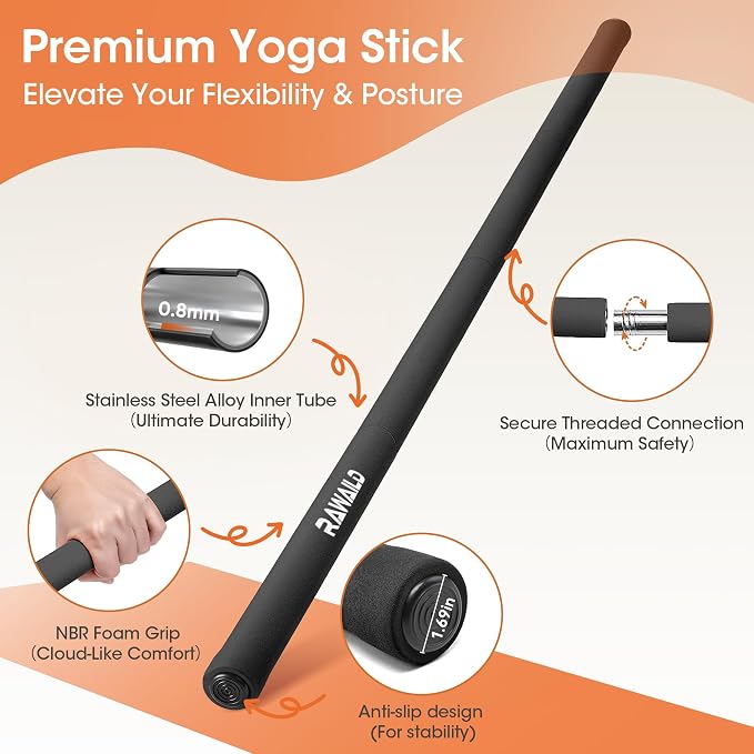 Yoga Stick, Upgraded 5ft Sturdy Steel Mobility Stick, Adjustable Exercise Equipment for Stretching, Flexibility & Balance, Physical Therapy & Posture Correction, Shoulder & Back Relaxation