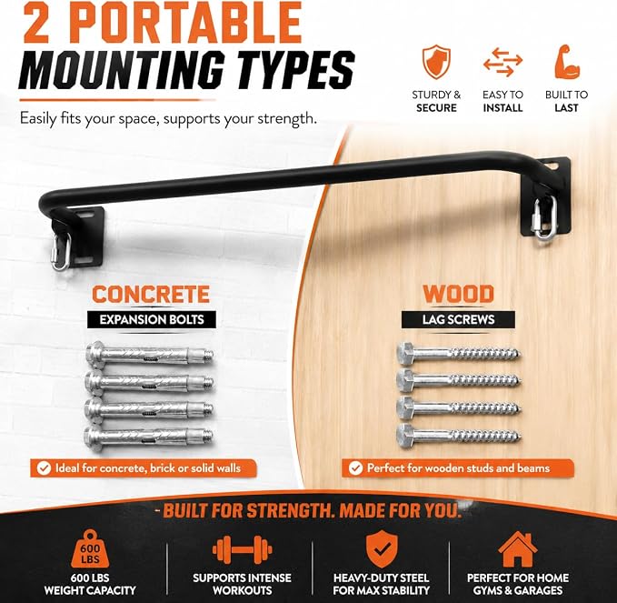 Wall Mounted Pull Up Bar - Heavy Duty Chin Up Bar, Pull-Up Bar for Garage, Joist, Wall Mount - Multifunctional Fitness Bar, Supports up to 600 Lbs