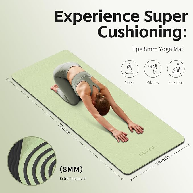 PAIDU Yoga Mat 8mm TPE Non‑Slip Fitness Mat with Strap for Home Workouts | SGS Certified, Odorless, Tear‑Resistant, Unisex, for Yoga, Pilates, Meditation, Home & Gym Workouts