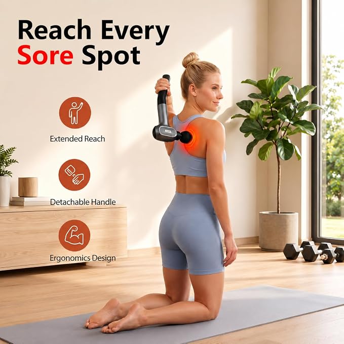 AxBerry Massage Gun, Deep Tissue Percussion Massager with Heat & Detachable Extension Handle, Handheld Muscle Massager for Back, Neck & Shoulders Pain, Portable Massage Gun, Muscle Gun